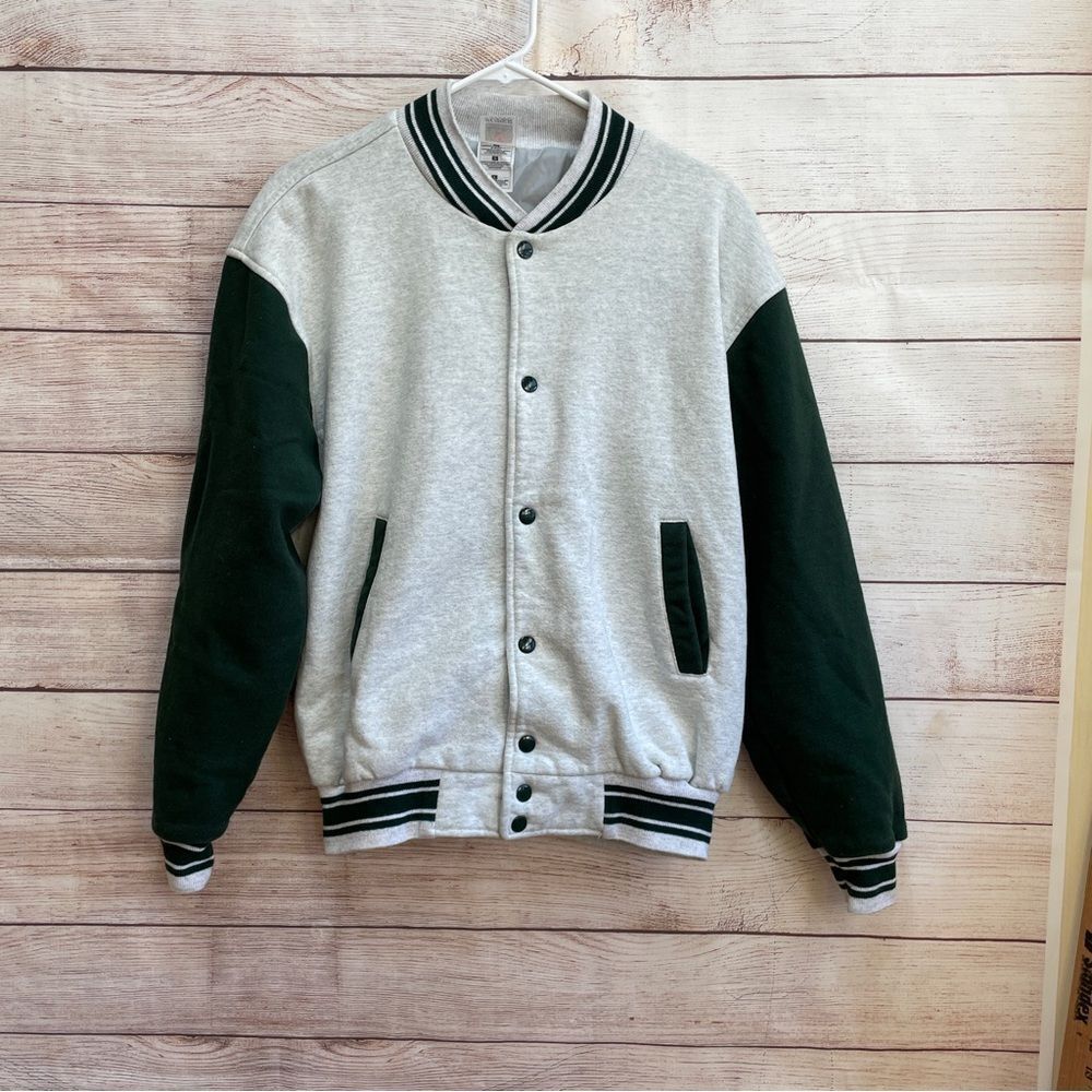 VINTAGE FRUIT OF THE LOOM VARSITY BOMBER JACKET IN GRAY AND‎ GREEN